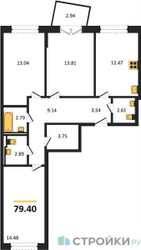 Планировка трехкомнатной(квартира) площадью 79.4 квадратных метров в “ЖК Квартал Марьино”