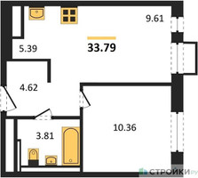Планировка однокомнатной(квартира) площадью 33.79 квадратных метров в “ЖК Пятницкие луга”