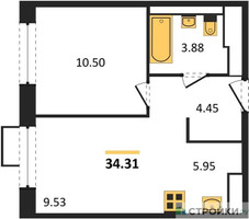 Планировка однокомнатной(квартира) площадью 34.1 квадратных метров в “ЖК Пригород Лесное”