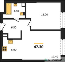 Планировка однокомнатной(квартира) площадью 47.3 квадратных метров в “ЖК Родина Переделкино”