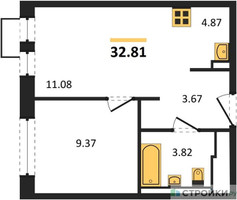 Планировка однокомнатной(квартира) площадью 32.81 квадратных метров в “ЖК Квартал Ивакино”