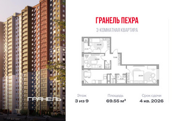 Планировка трехкомнатной(квартира) площадью 69.55 квадратных метров в ЖК “ЖК Пехра”