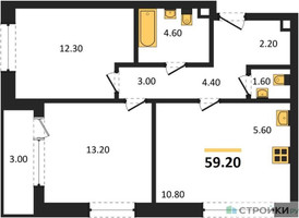 Планировка двухкомнатной(квартира) площадью 59.2 квадратных метров в “Квартал Филатов луг”