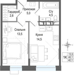 Планировка однокомнатной(квартира) площадью 40.1 квадратных метров в ЖК “ЖК КИНОКВАРТАЛ”