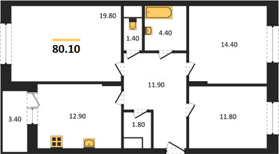 Планировка трехкомнатной(квартира) площадью 80.1 квадратных метров в ЖК “ЖК Эдельвейс (Первомайское)”
