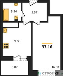 Планировка однокомнатной(квартира) площадью 37.16 квадратных метров в ЖК “ЖК ВОСТОК II”