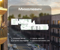 Планировка трехкомнатной(квартира) площадью 69.8 квадратных метров в “ЖК Михалевич”