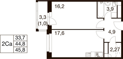 Планировка однокомнатной(квартира) площадью 44.3 квадратных метров в ЖК “ЖК Идеал”