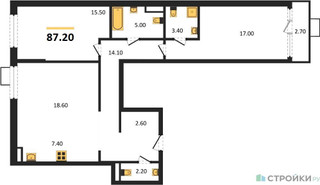 Планировка двухкомнатной(квартира) площадью 87.2 квадратных метров в “ЖК Дом на Зорге”