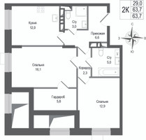 Планировка двухкомнатной(квартира) площадью 63.7 квадратных метров в “ЖК КИНОКВАРТАЛ”