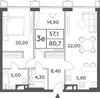 Планировка трехкомнатной(квартира) площадью 80.7 квадратных метров в “ЖК Will Towers (Вилл Тауэрс)”