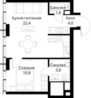Планировка однокомнатной(квартира) площадью 42.8 квадратных метров в “ЖК Сити Бэй”