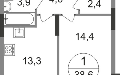Планировка однокомнатной(квартира) площадью 38.6 квадратных метров в ЖК “ЖК Переделкино Ближнее”