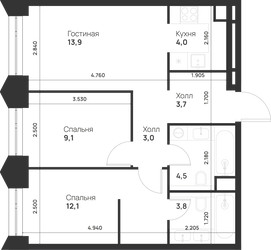Планировка двухкомнатной(квартира) площадью 54.1 квадратных метров в ЖК “ЖК Войс”