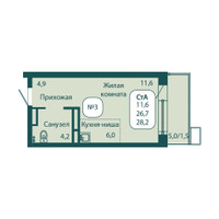 Планировка однокомнатной(квартира) площадью 28.2 квадратных метров в “ЖК Андреевка Life (Андреевка Лайф)”