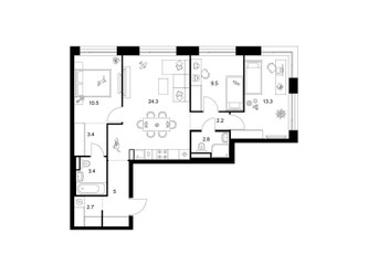 Планировка трехкомнатной(квартира) площадью 77.1 квадратных метров в ЖК “ЖК Зеленый парк”