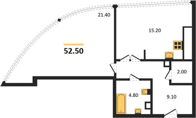 Планировка однокомнатной(квартира) площадью 52.5 квадратных метров в ЖК “ЖК One Tower (Ван Тауэр)”
