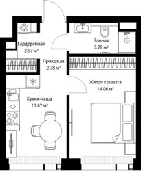 Планировка однокомнатной(квартира) площадью 33.86 квадратных метров в ЖК “ЖК Веер”