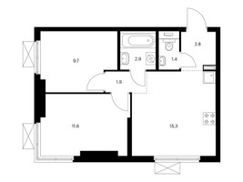 Планировка двухкомнатной(квартира) площадью 45.6 квадратных метров в “ЖК Руставели 14”