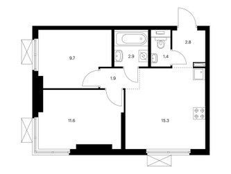 Планировка двухкомнатной(квартира) площадью 45.6 квадратных метров в ЖК “ЖК Руставели 14”