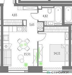 Планировка однокомнатной(квартира) площадью 42.92 квадратных метров в ЖК “ЖК Upside Towers (Апсайд Тауэрс)”
