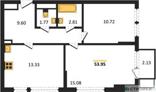 Планировка двухкомнатной(квартира) площадью 53.95 квадратных метров в “ЖК Остафьево”
