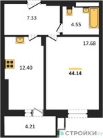 Планировка однокомнатной(квартира) площадью 44.14 квадратных метров в “ЖК Егорово Парк”