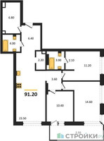 Планировка трехкомнатной(квартира) площадью 91.2 квадратных метров в “ЖК Portland (Портланд)”