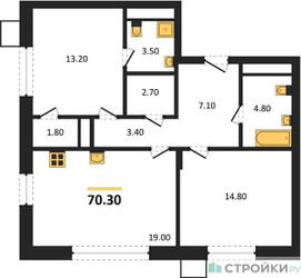 Планировка двухкомнатной(квартира) площадью 70.3 квадратных метров в ЖК “ЖК Резиденции Сколково”