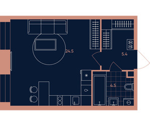 Планировка однокомнатной(квартира) площадью 34.4 квадратных метров в ЖК “Квартал Эра”