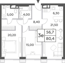 Планировка трехкомнатной(квартира) площадью 80.4 квадратных метров в ЖК “ЖК Will Towers (Вилл Тауэрс)”
