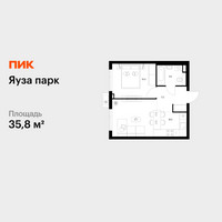 Планировка однокомнатной(квартира) площадью 35.8 квадратных метров в “ЖК Яуза Парк (Мытищи)”