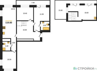 Планировка трехкомнатной(квартира) площадью 119 квадратных метров в ЖК “ЖК Квартал Метроном”