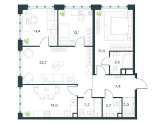 Планировка 4+ комнатной(квартира) площадью 92 квадратных метров в ЖК “ЖК Level Южнопортовая”
