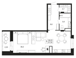 Планировка студии(квартира) площадью 57.5 квадратных метров в “ЖК Времена года”