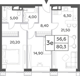 Планировка трехкомнатной(квартира) площадью 80.3 квадратных метров в ЖК “ЖК Will Towers (Вилл Тауэрс)”