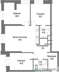 Планировка трехкомнатной(квартира) площадью 96.9 квадратных метров в ЖК “ЖК Ренессанс”