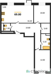 Планировка двухкомнатной(квартира) площадью 69 квадратных метров в ЖК “ЖК ЭкоБунино (Южное Бунино)”