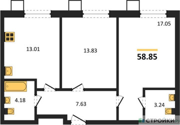 Планировка двухкомнатной(квартира) площадью 58.85 квадратных метров в ЖК “ЖК Бархат”