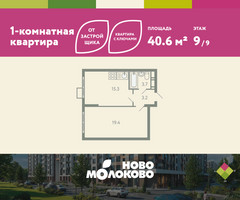 Планировка однокомнатной(квартира) площадью 40.6 квадратных метров в “ЖК Ново-Молоково”