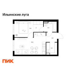 Планировка однокомнатной(квартира) площадью 38 квадратных метров в ЖК “ЖК Ильинские луга”