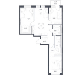 Планировка трехкомнатной(квартира) площадью 77.06 квадратных метров в ЖК “ЖК Квартал Ивакино”