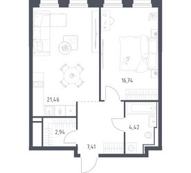 Планировка однокомнатной(квартира) площадью 52.97 квадратных метров в ЖК “ЖК Квартал на воде (Графика на воде)”