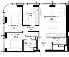 Планировка трехкомнатной(квартира) площадью 85.7 квадратных метров в “ЖК Сити Бэй”