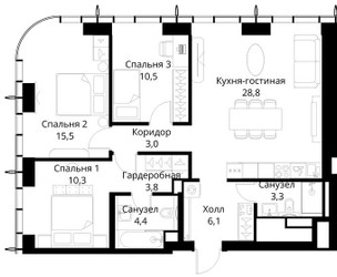Планировка трехкомнатной(квартира) площадью 85.7 квадратных метров в ЖК “ЖК Сити Бэй”