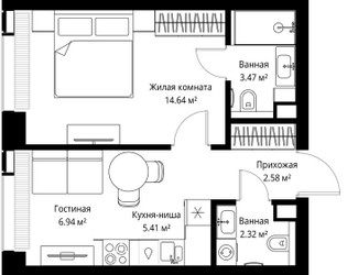 Планировка однокомнатной(квартира) площадью 35.36 квадратных метров в ЖК “ЖК Веер”