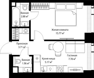 Планировка однокомнатной(квартира) площадью 37.27 квадратных метров в ЖК “ЖК Веер”