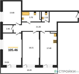 Планировка трехкомнатной(квартира) площадью 105.46 квадратных метров в ЖК “ЖК Riga Hills (Рига Хиллс)”