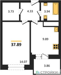 Планировка однокомнатной(квартира) площадью 37.89 квадратных метров в ЖК “ЖК ВОСТОК II”