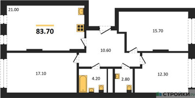 Планировка трехкомнатной(квартира) площадью 83.7 квадратных метров в ЖК “ЖК Переделкино Ближнее”